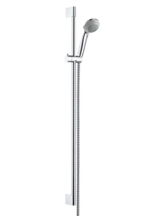 Hansgrohe Duschset mit Chrombrausestange, Handbrause und Schlauch, montiert an der Wand, schlichtes Design, geeignet für Badezimmer.